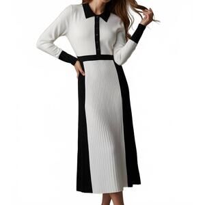 NEW RIVIR sadie colorblock pleated midi dress in white/ black